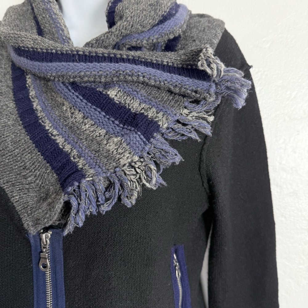 Free People "Faux Scarf" Zip-Up Wool Sweater Jacket – Black/Gray/Blue – Size S - Picture 7 of 11